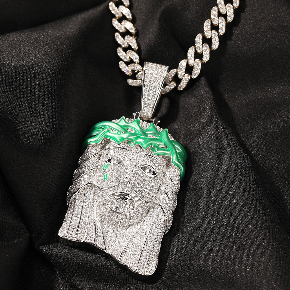 Luminous Bling Jesus Head Portrait Pendant Necklace Hip Hop Iced Out CZ Cubic Zirconia Fashion CZ Stone Rapper Jewelry party punk Gift Collar Kalung f