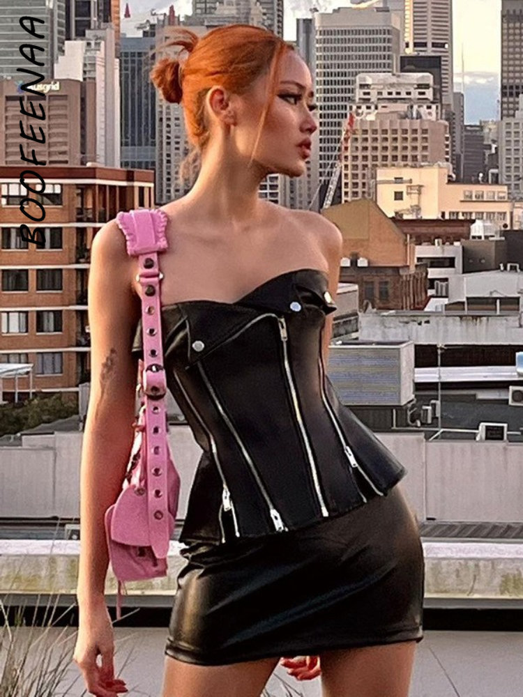 Womens Tanks Camis BOOFEENAA Trendy PU Leather Black Tube Tops Womens Streetwear Y2k Irregular Zipper Strapless Corset Busiter Nightclub C66DZ25 23031