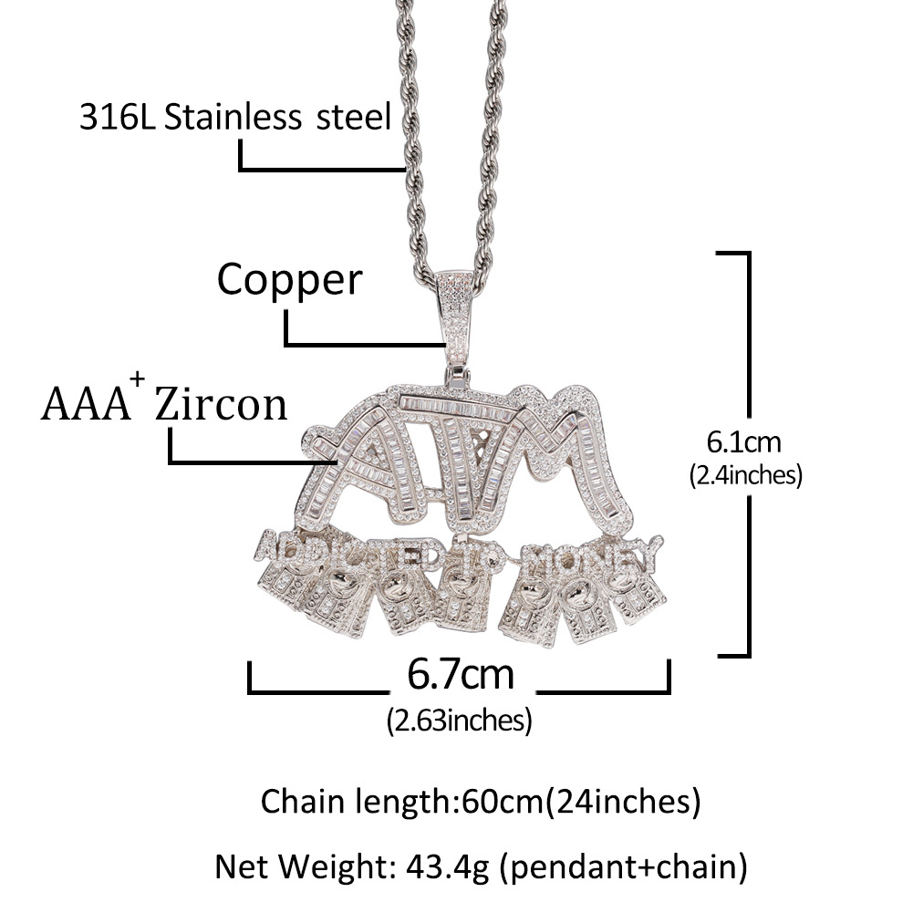 Hip Hop Iced Out Bling Letter ATM Pendant Necklaces Addicted to Money Rapper 18K Real Gold Plated Charms For Women Men Miami Hiphop Grunge Punk Jewelr