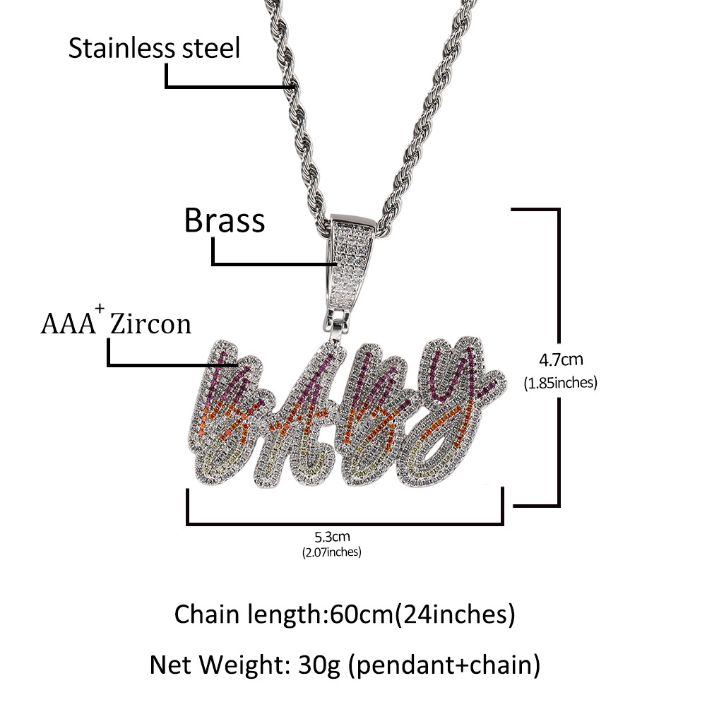 Colorful Cursive A-Z Initial Letter Custom Name Pendant Necklace Personalized Iced Out Cubic Zirconia CZ Stone 18K Real Gold Hip Hop Rock DIY Jewelry 