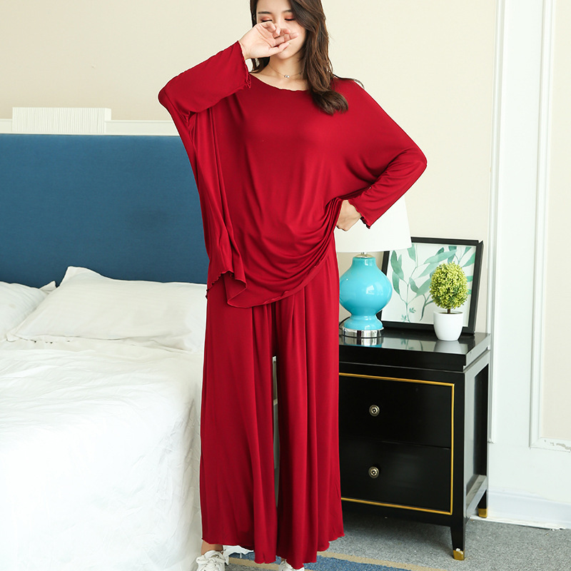 Women's Sleepwear PLUS size home suits women autumn loose long-sleeved pajamas two-piece set nine-point wide leg pants pijama sleepwear femme 230