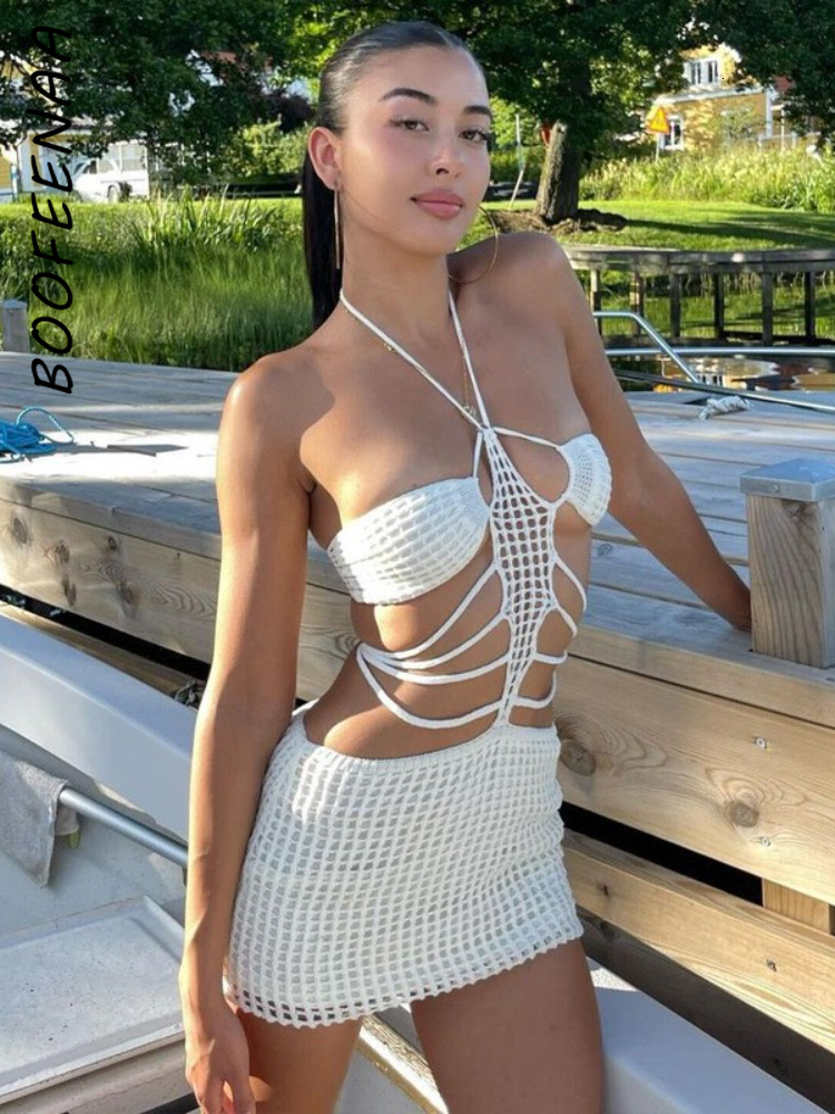 Casual Dresses BOOFEENAA Sexy Hollow Out Crochet Knitted Halter Mini Dress Beach Club Outfits Revealing Sheath Dresses for Women C16DZ14 230310