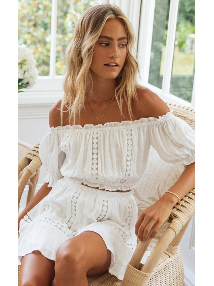 Two Piece Dress Summer Set Bohemian Casual Beach Skirts 2Pcs Sets Lace Off Shoulder Crop Tops and Short Pleated Skirt 230310