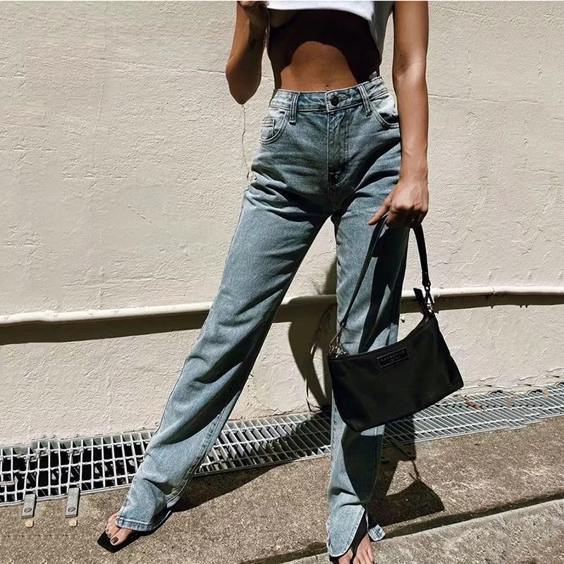Women's Jeans MosiMolly Washed Denim Pants Jeans Women Boyfriend Jeans Casual Pants Split Long Pants Bottom Black Jeans 230310