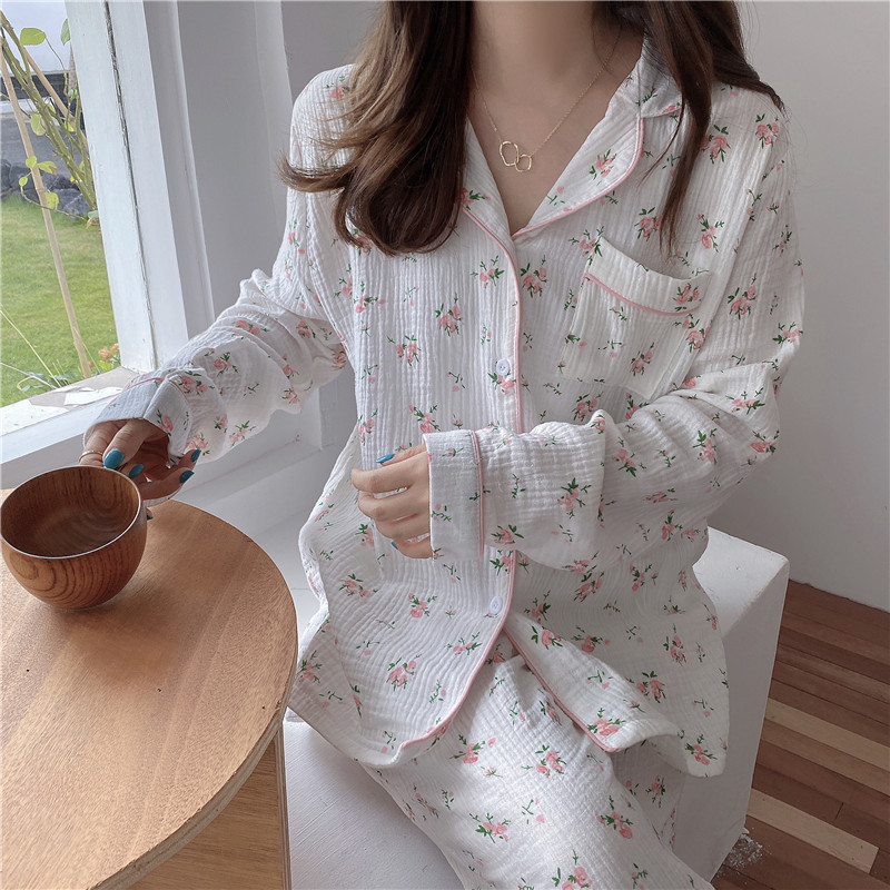 Women's Sleepwear floral print gauze cotton pajama set women comfortable breath pants suit home clothes linen crepe nightwear pyjamas L937 230310