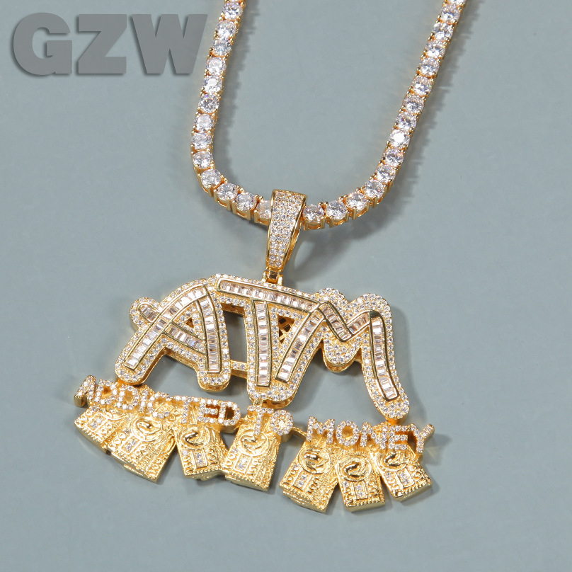 Hip Hop Iced Out Bling Letter ATM Pendant Necklaces Addicted to Money Rapper 18K Real Gold Plated Charms For Women Men Miami Hiphop Grunge Punk Jewelr