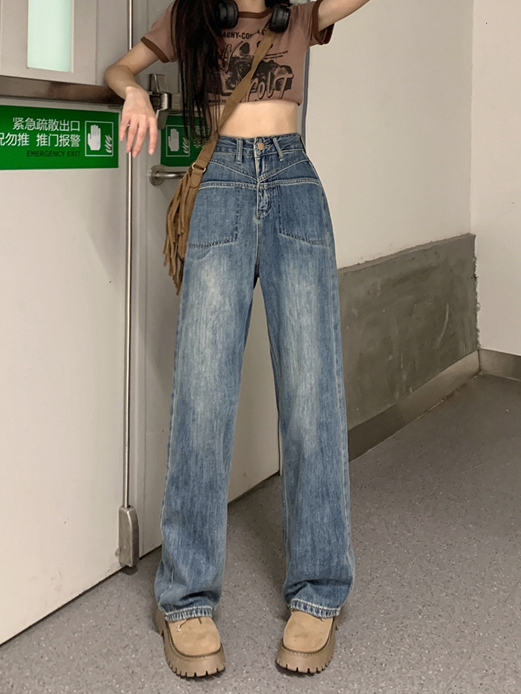Women's Jeans Blue Baggy Jeans Pants For Women Straight Jeans High Waist Streetwear Vintage Pants Casual Ladies Denim Wide Leg Trouser 230310