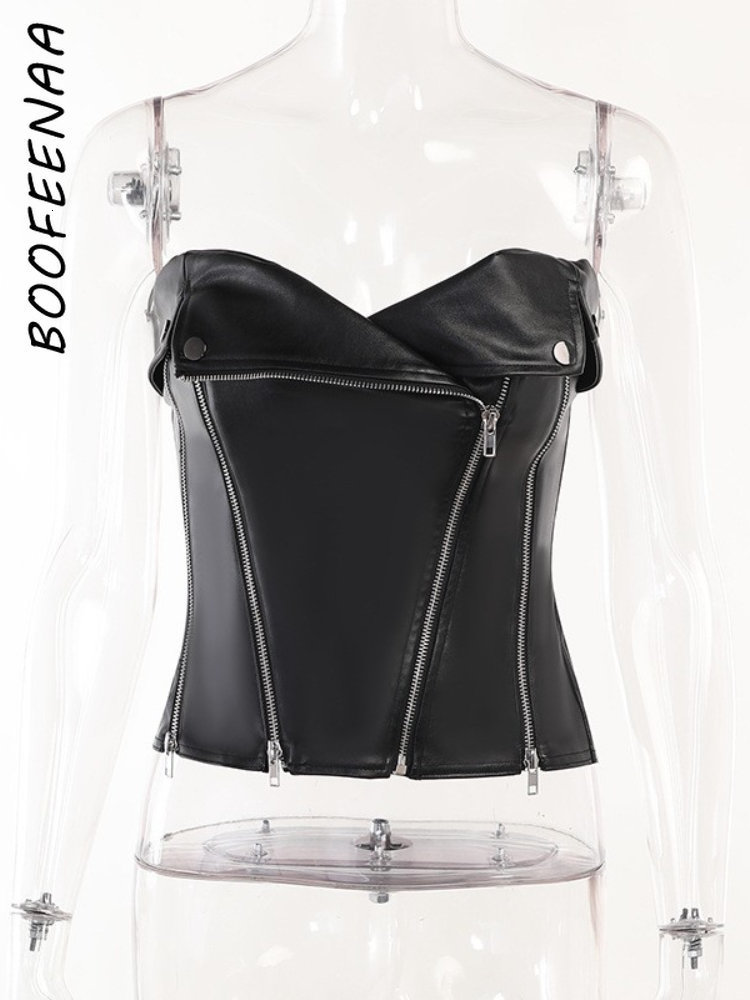 Womens Tanks Camis BOOFEENAA Trendy PU Leather Black Tube Tops Womens Streetwear Y2k Irregular Zipper Strapless Corset Busiter Nightclub C66DZ25 23031
