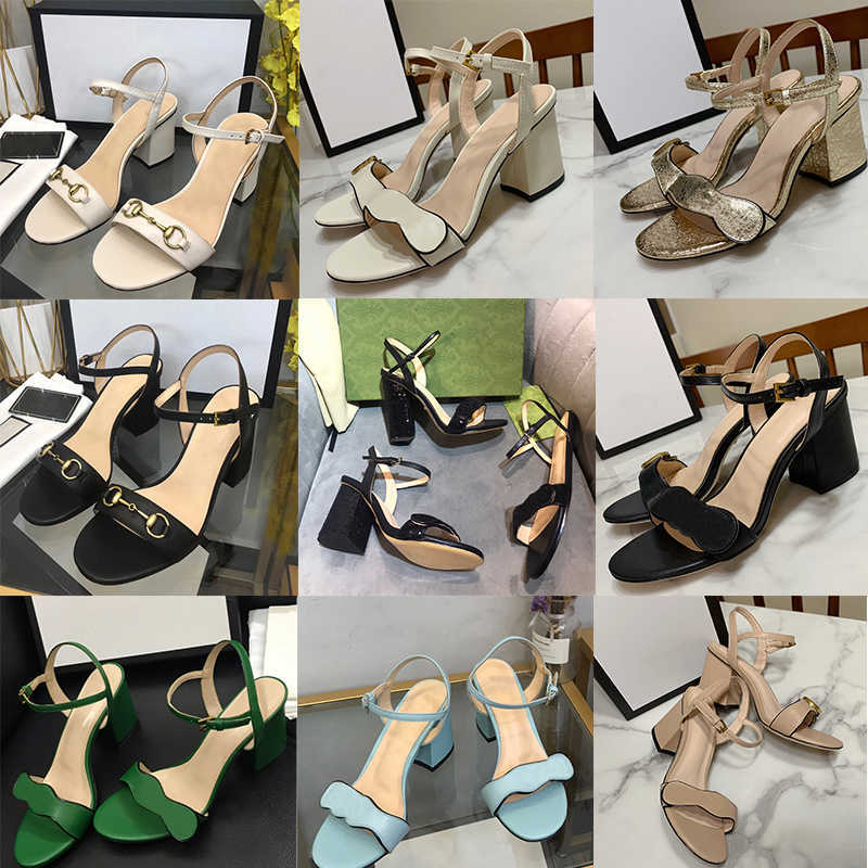 

2023 Fashion Sexy Leather Block Heel Ladies Sandals Women Slippers Designer Sandal Wedding Party Shoes Belt Buckle Rubber Sole Mules Summer Beach Chunky Heels NO021