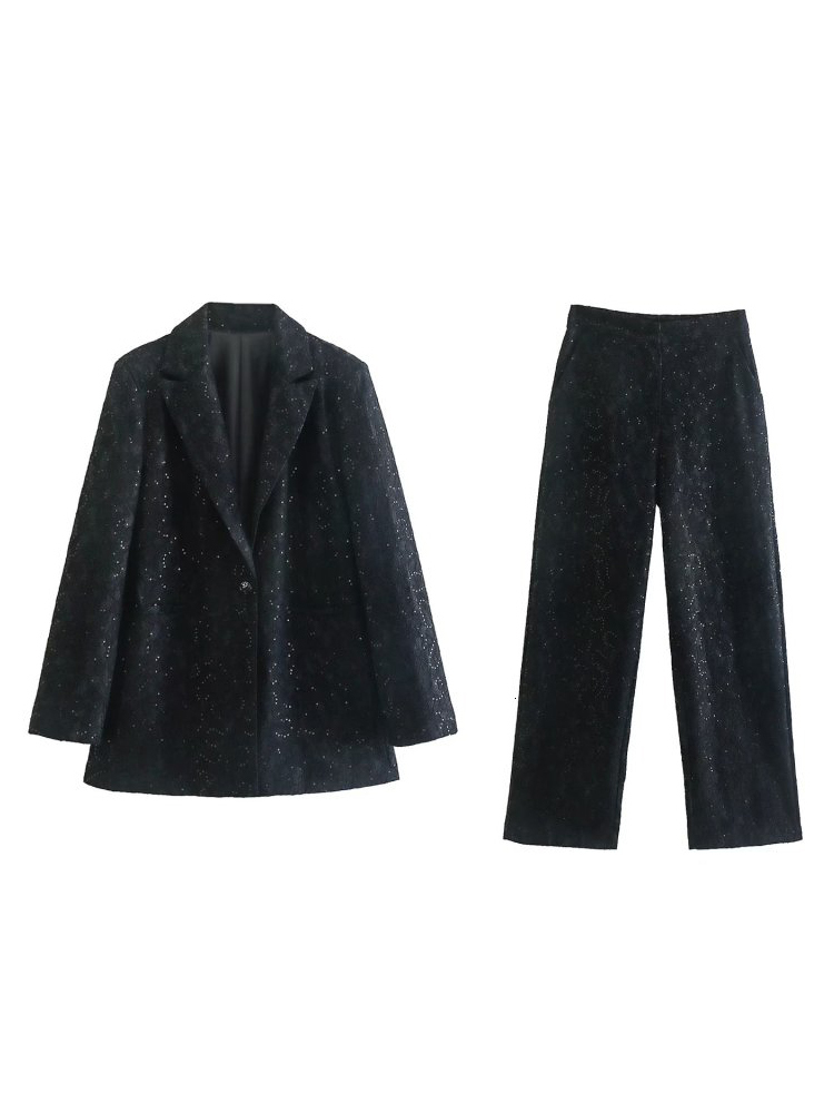 Women's Suits Blazers Spring Fashion Women's Sets Sequin Inlaid Lace Single Button Blazers High Waist Straight Long Pants Ensembles Femme 23