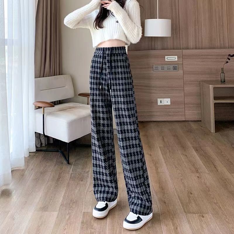 Women's Capris Woolen Wide for Women in Autumn Winter High Waist Loose Coffee Color Plaid Casual Straight Leg Pants Pockets 230310 Z260314