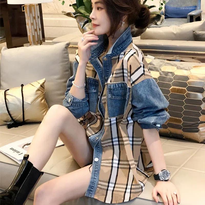 Women's Blouses Hong Kong Style Denim Patchwork Plaid Shirt Women Foreign Relaxed Casual Design Feel Top Spring European Station
