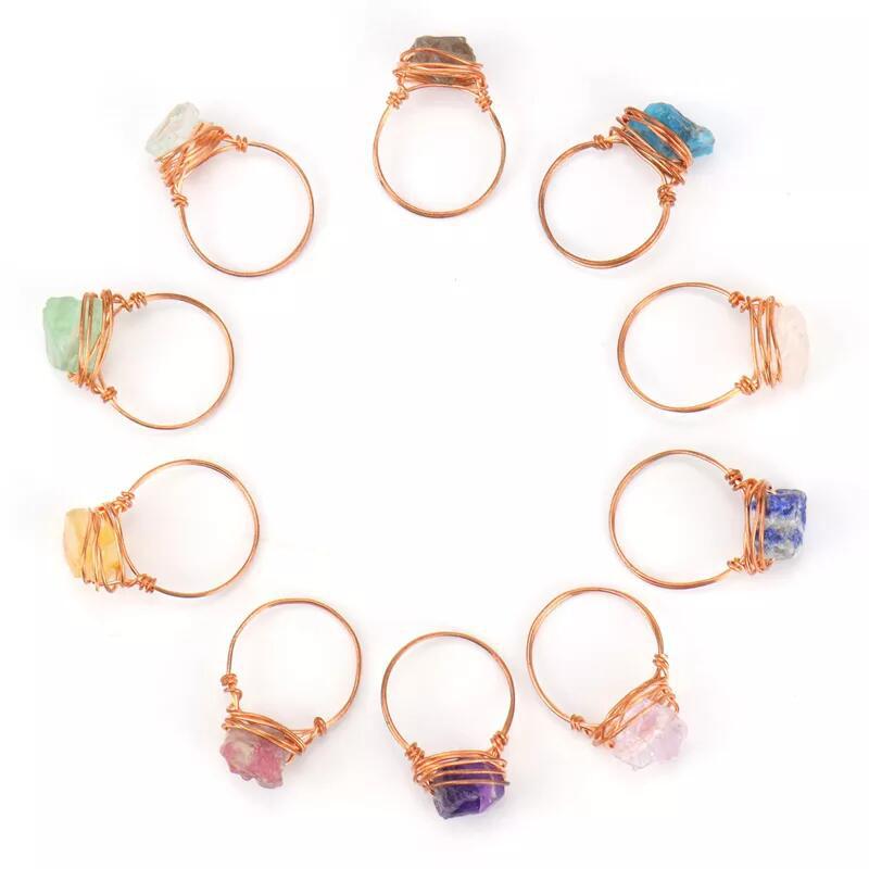 Wire Wrap Natural Raw Stone Rings Lapis Lazuli Amethysts Fluorite Pink Crystal Ring for Women Jewelry