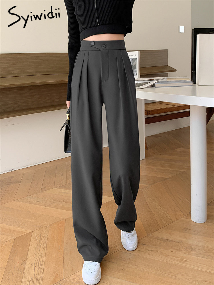 Women's Capris Syiwidii Wide Leg Suits for Women High Waisted Fashion Casual Loose Straight Pants Front Pleated Black Coffee Trousers 230310 Z260