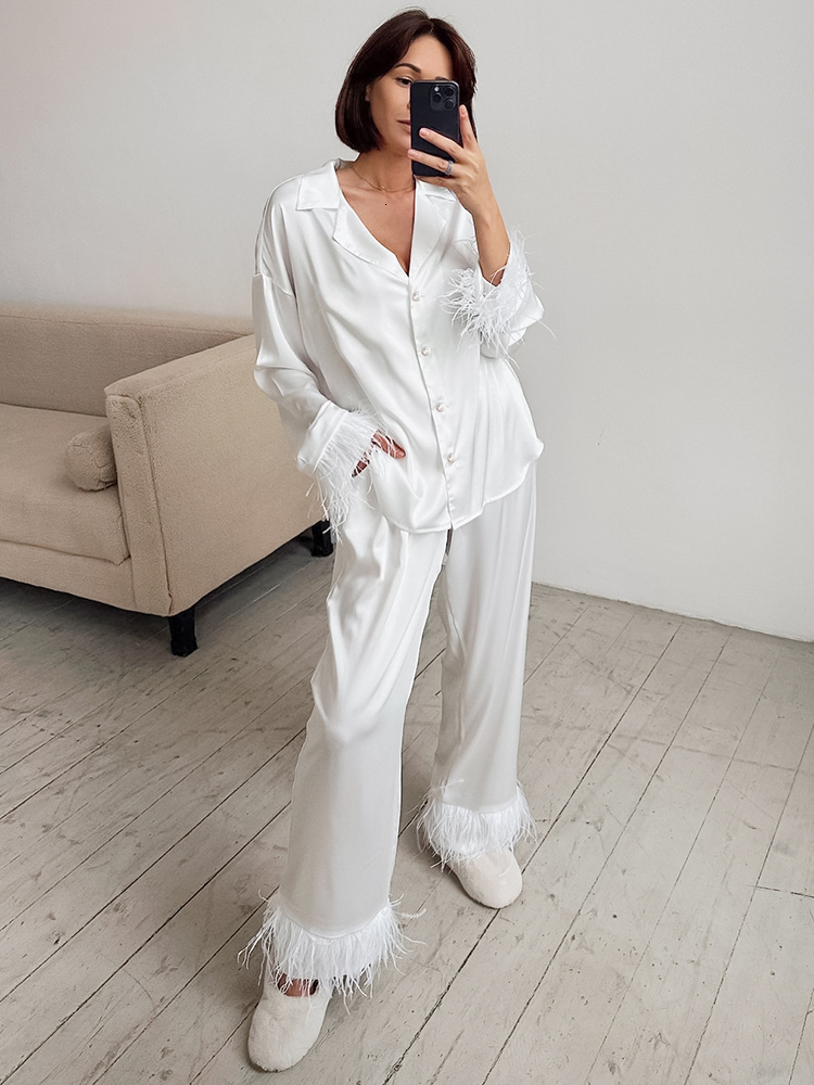 Women's Sleepwear Hiloc Fashion White Feathers Sleepwear Women Pant Sets Long Sleeve Women's Suit Single-Breasted Satin Pajama Woman Winter 