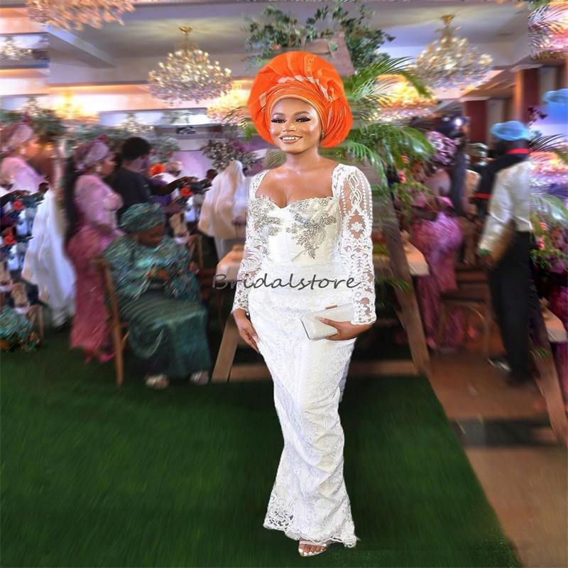 Modest Aso Ebi Boho Wedding Dress 2023 With Crystal Beaded White Lace Long Sleeve Beach Bridal Dresses Civil South African Vestidos De Novias Beaded F