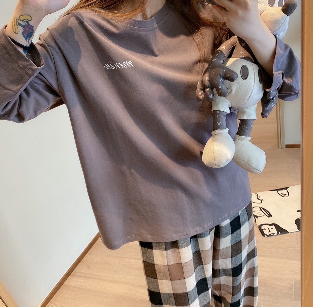 Women's Sleepwear Korean Purple Grid Girls Pajamas Set Cute Autumn Winter Long Sleeve Leisure Sleepwear For Women Loose Nightwear Homewear Suit 2