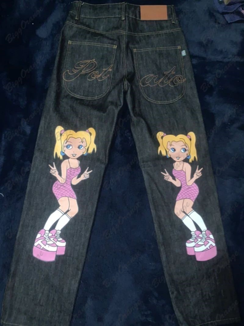 Mens Jeans High quality double ponytail girls print jeans gothy y2k loose straight leg wide pants street s fashion women 230310