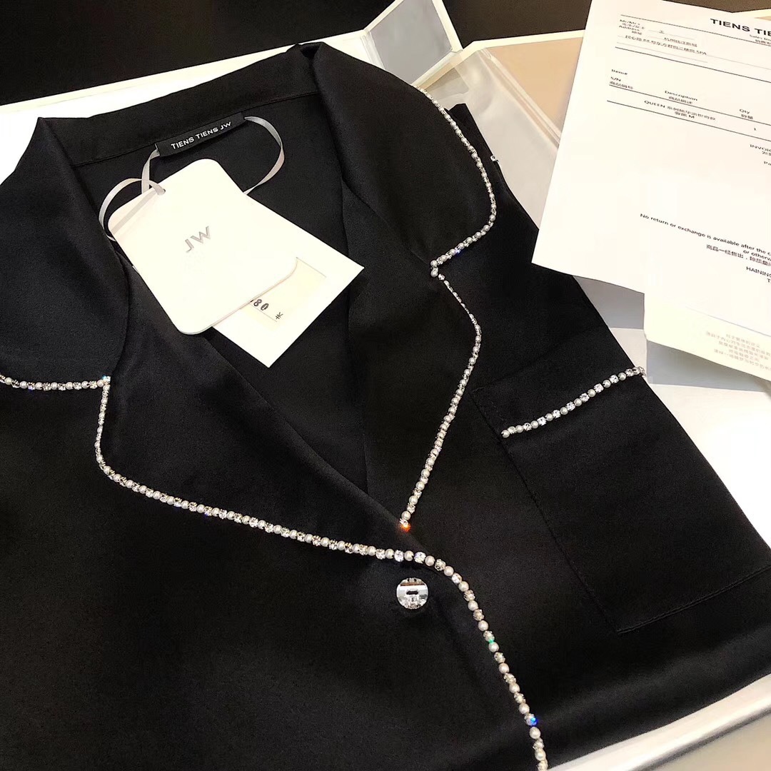 Women's Sleepwear Women's Silk-encrusted Diamond-trimmed Long-sleeved Long Pants Pajama Set Wear Home Suit Silk Pajamas Sexy Pajamas 230310