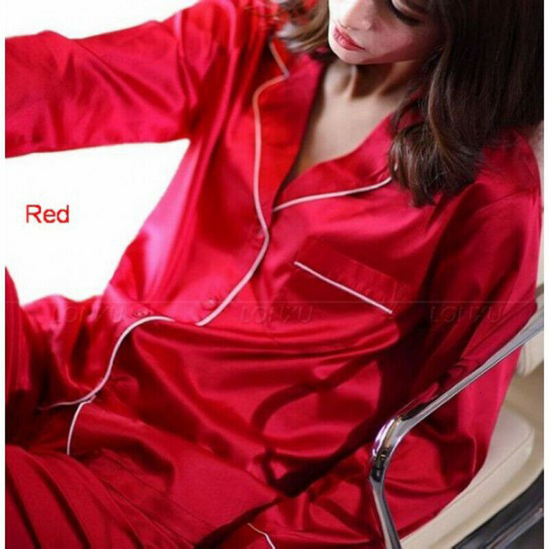 Women's Sleepwear Women Girl Lady Silk Satin Pajamas Set Long Sleeve Button-Down Sleepwear Pajamas Black Purple Red Blue 230310