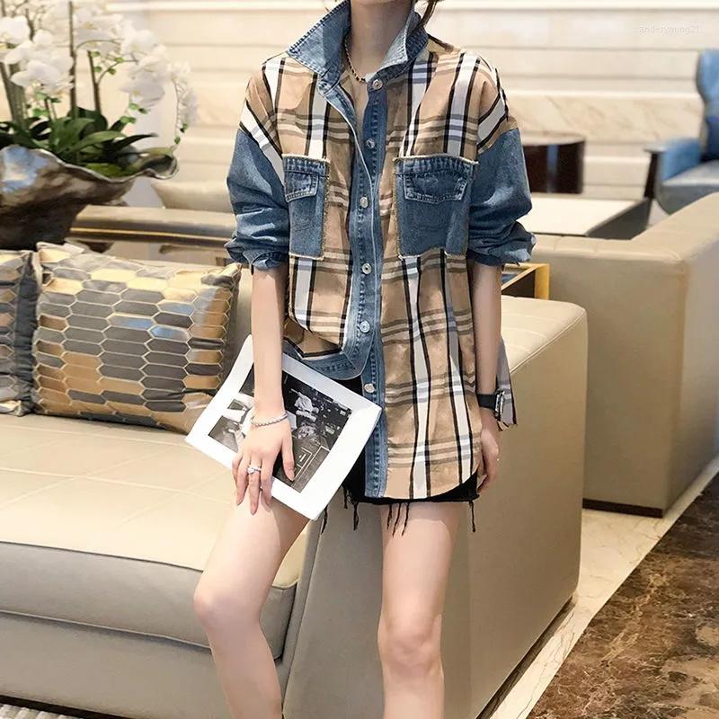 Women's Blouses Hong Kong Style Denim Patchwork Plaid Shirt Women Foreign Relaxed Casual Design Feel Top Spring European Station