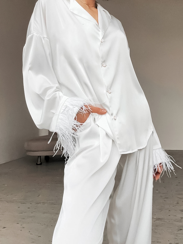 Women's Sleepwear Hiloc Fashion White Feathers Sleepwear Women Pant Sets Long Sleeve Women's Suit Single-Breasted Satin Pajama Woman Winter 