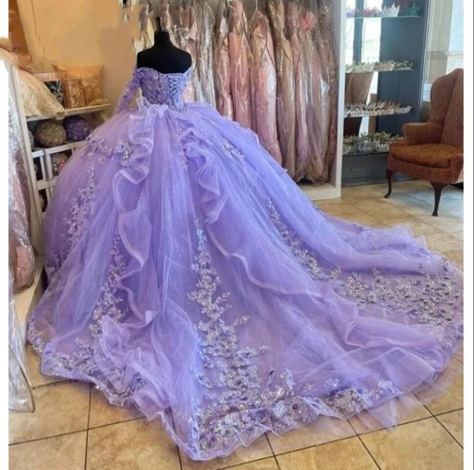 Lavender lilac Quinceanera Dresses 3D Flowers Appliques Off Shoulder lace-up corset long sleeve Princess vestidos de 15 anos