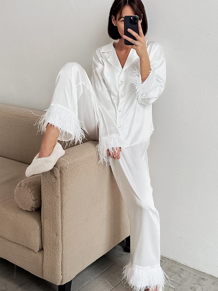 Women's Sleepwear Linad Feathers Pajamas For Women 2 Piece Sets White Long Sleeve Nightwear Female Trouser Suits Spring Casual Sleepwear 230310
