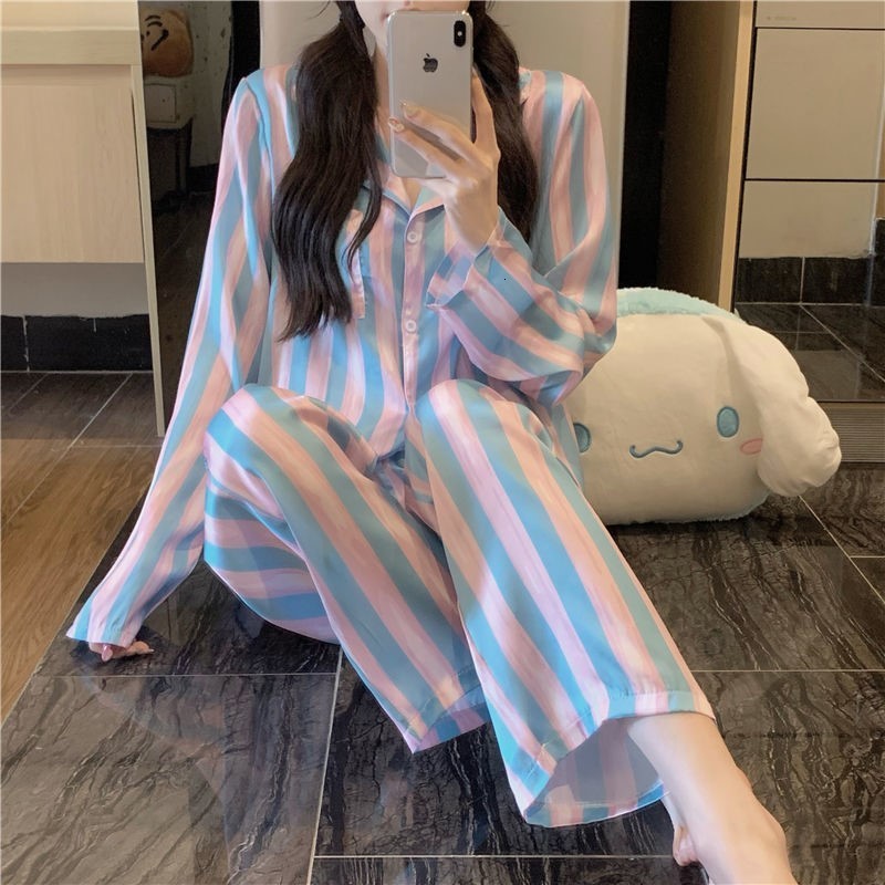 Women's Sleepwear Autumn Winter Long Sleeved Women Pajamas Set Simple Stripes Trousers Pyjamas Sets Loungewear Women Leisure Sleepwear Set 230310