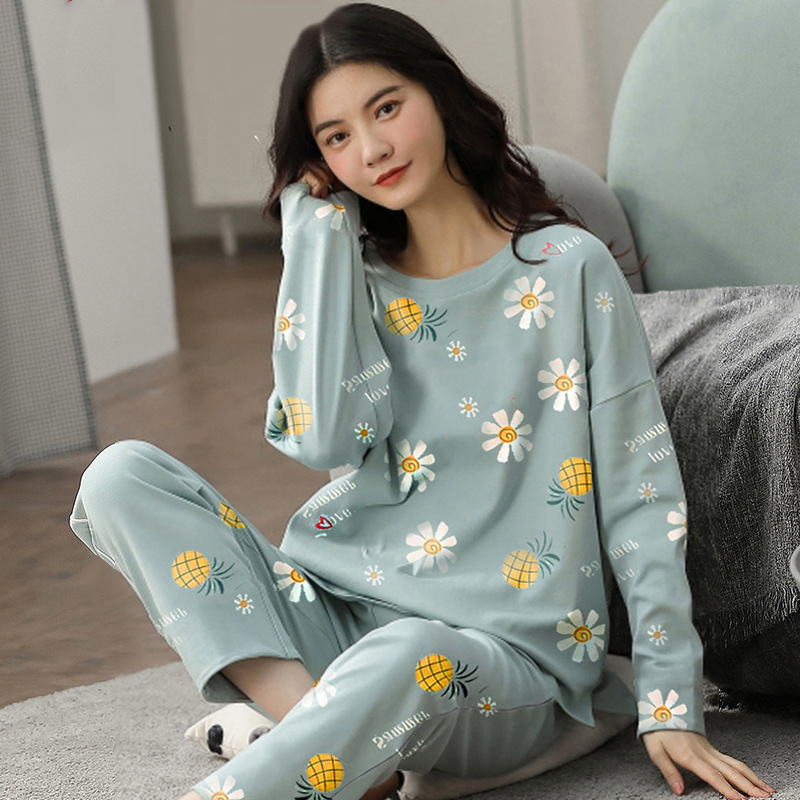 Women's Sleepwear Women Pyjama Set Cotton Pajamas Korean Version Long-sleeved Homewear Suit Loose Large Size Two-piece Suit Plus Size 230310