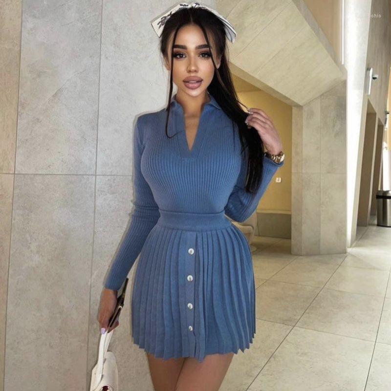 Casual Dresses Fashion Outfits Knitted Sweaters Top And Pleated Skirts 2 Piece Sets Women Pleat Autumn Winter Matching Set Dress