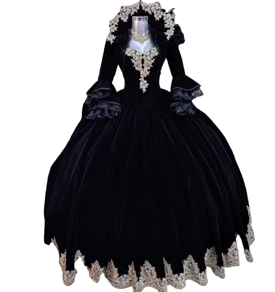 Black Velvet Victorian Gothic Prom Dresses with Long Sleeve Jacket Lace-up Corset Cosplay Witch Steampunk Vampire Evening Gown