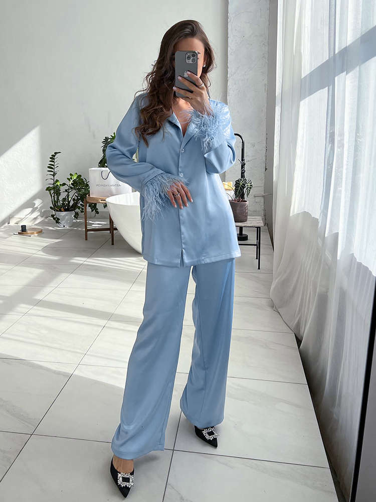 Women's Sleepwear Hiloc Feathers Satin Pajamas For Women Sets Lapel Splicing Sleepwear Women's Suit Single-Breasted Nightwear Winter Fashion