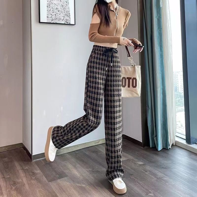 Women's Capris Woolen Wide for Women in Autumn Winter High Waist Loose Coffee Color Plaid Casual Straight Leg Pants Pockets 230310 Z260314