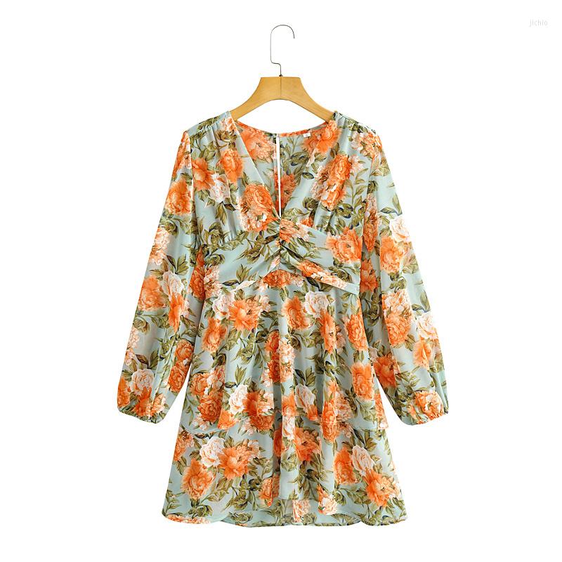 Casual Dresses For Women 2023 V Neck Long Sleeve Lightweight Chiffon Mini Layered Ruffle Hem Elegant Vintage Floral Print