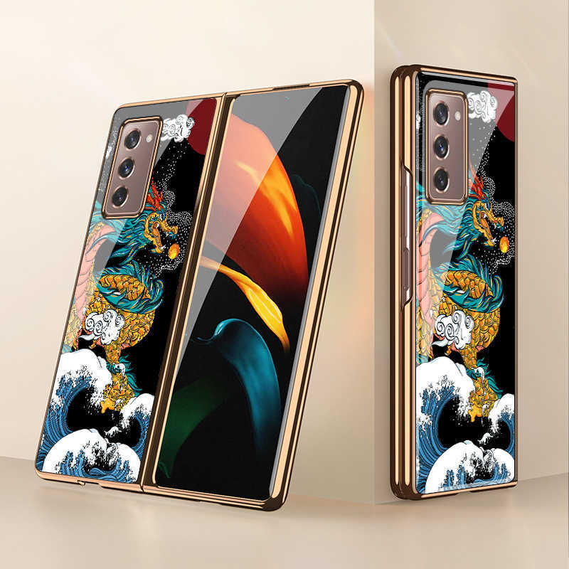

Cell Phone Cases Z Fold 4 Funda for Samsung Galaxy 4 3 2 Flip 4 3 2 Plating Flexible Glass Shell Dragon Fish Coque Cover W0224, Yun-black