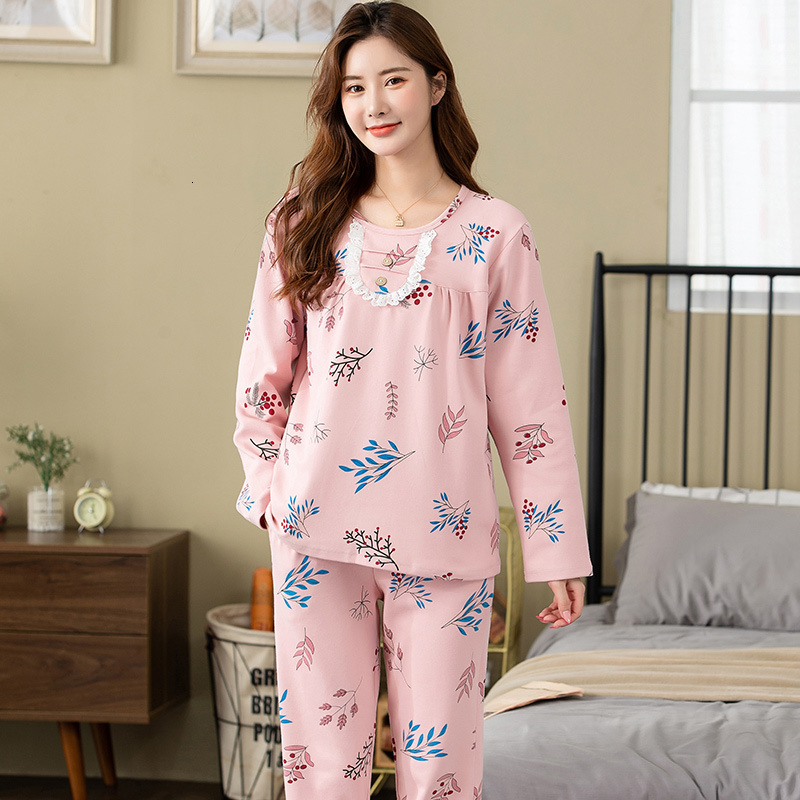 Women's Sleepwear Pajamas Sets Women Floral Full Cotton Fashion Lace Women Long Sleeve Sleepwear Suit 2 piece Sexy Autumn Home Lounge Gift XXXXL 