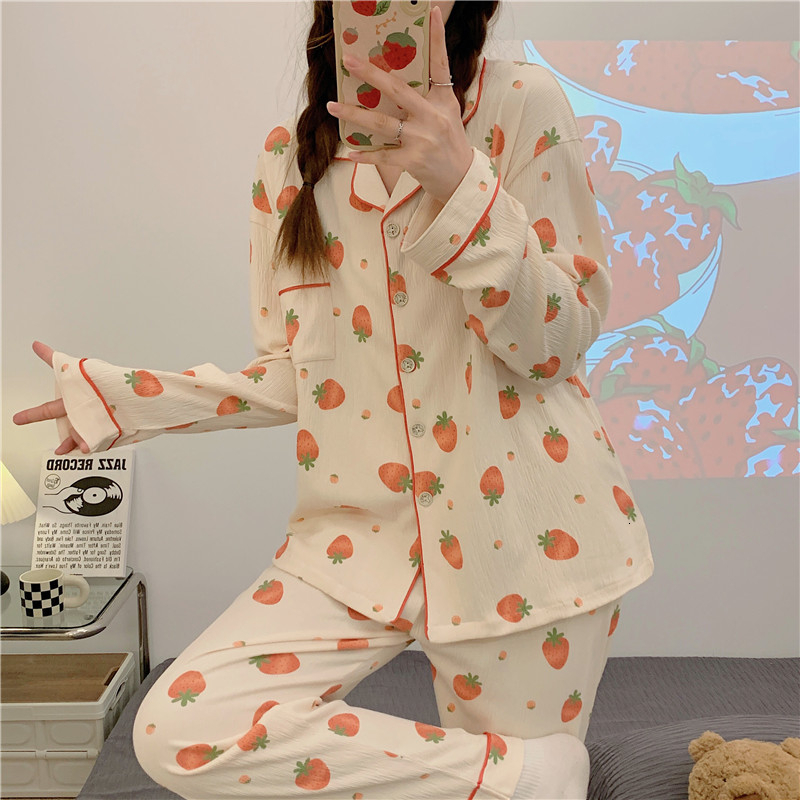Women's Sleepwear Long Sleeve Pajama Set Turndown Collar Cardigan Strawberry Print Cartoon Women Gauze Cotton Kawaii Trendy Women Pyjamas Elegant