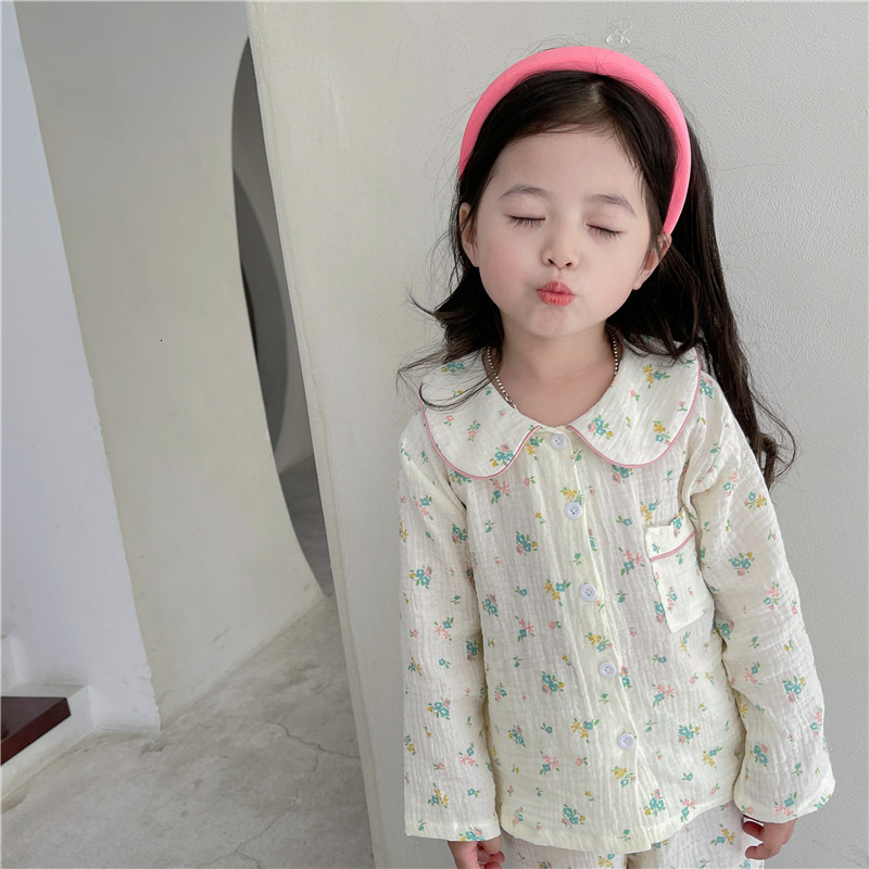Pajamas Girls Pajamas Kids Spring Long Sleeve Sleepwear Cotton Linen Floral Toddler Kids Clothing Sets Pyjamas 230310