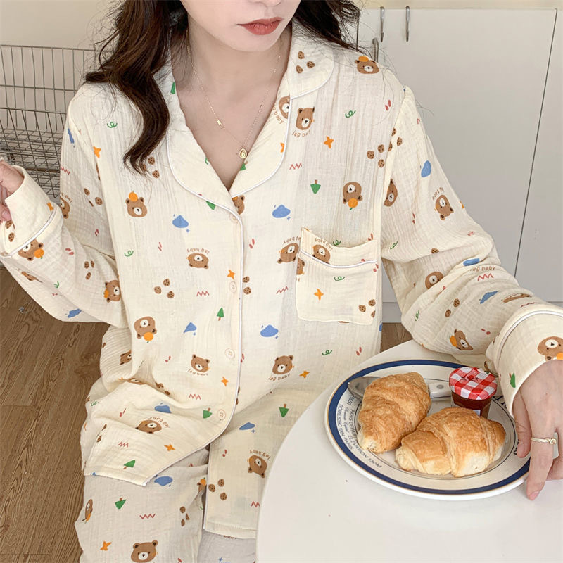 Women's Sleepwear 100%Cotton Gauze Pajamas for Women Korean Long Sleepwear Bear Print Pijamas Pyjamas Long Sleeve 2 Piece Female Set Drop 230310