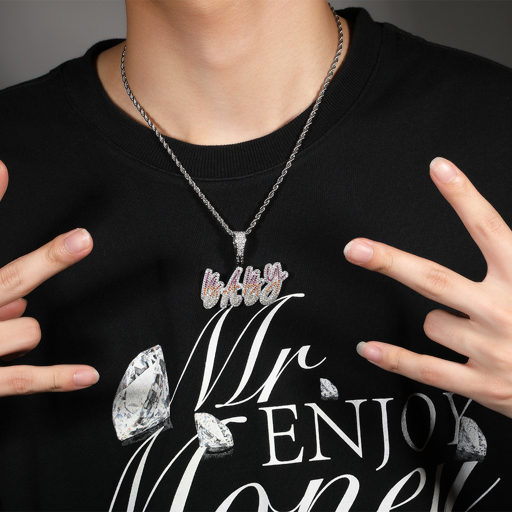 Colorful Cursive A-Z Initial Letter Custom Name Pendant Necklace Personalized Iced Out Cubic Zirconia CZ Stone 18K Real Gold Hip Hop Rock DIY Jewelry 