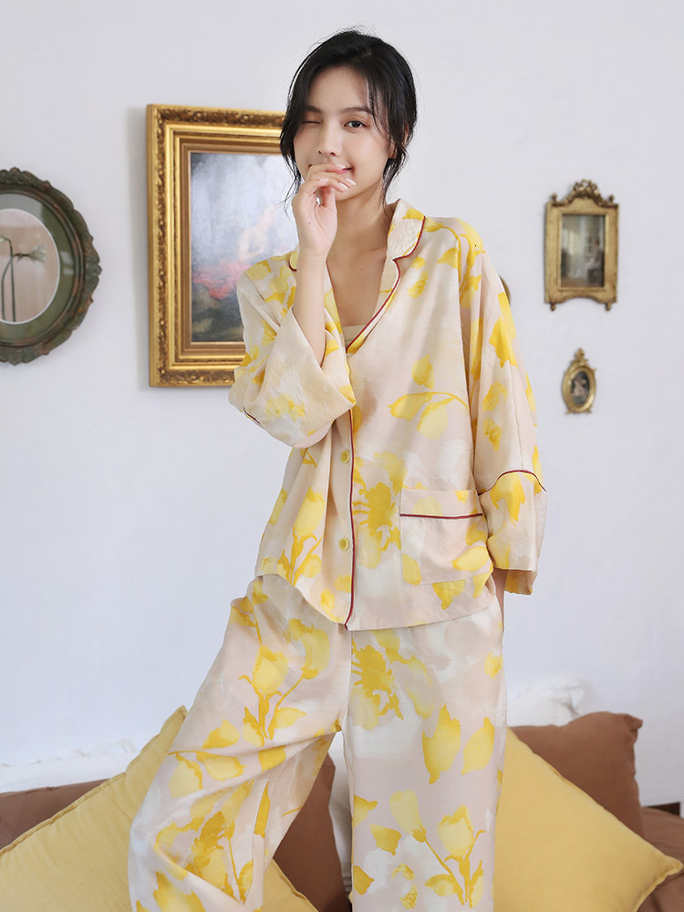 Women's Sleepwear Spring Floral Printed Pajamas Set Loungewear Sleepwear Pijamas Women Long Sleeve Wide Leg Pyjama Set Woman 2 Pieces 230310