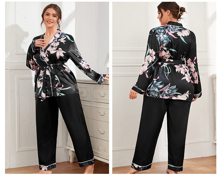 Women's Sleepwear 5xl Large Size Satin Women's Cardigan Printed Robe with Long Trouser Pajamas Set Loose Conjuntos Feminino Elegante Ladies 