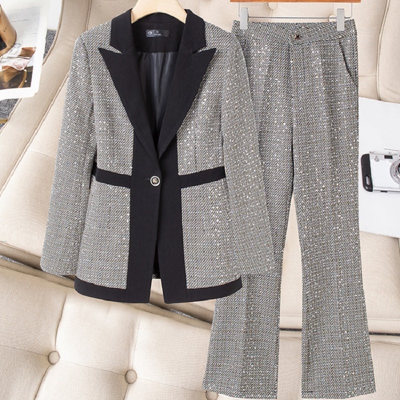 Women's Two Piece Pants est Runway Elegant Sexy Sequin Single Button Plaid Blazer And OL High Waist Flare Business Suits 230310