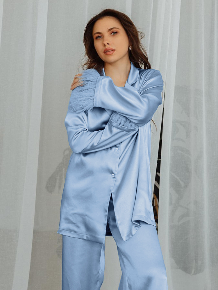 Women's Sleepwear Hiloc Feathers Satin Pajamas For Women Sets Lapel Splicing Sleepwear Women's Suit Single-Breasted Nightwear Winter Fashion