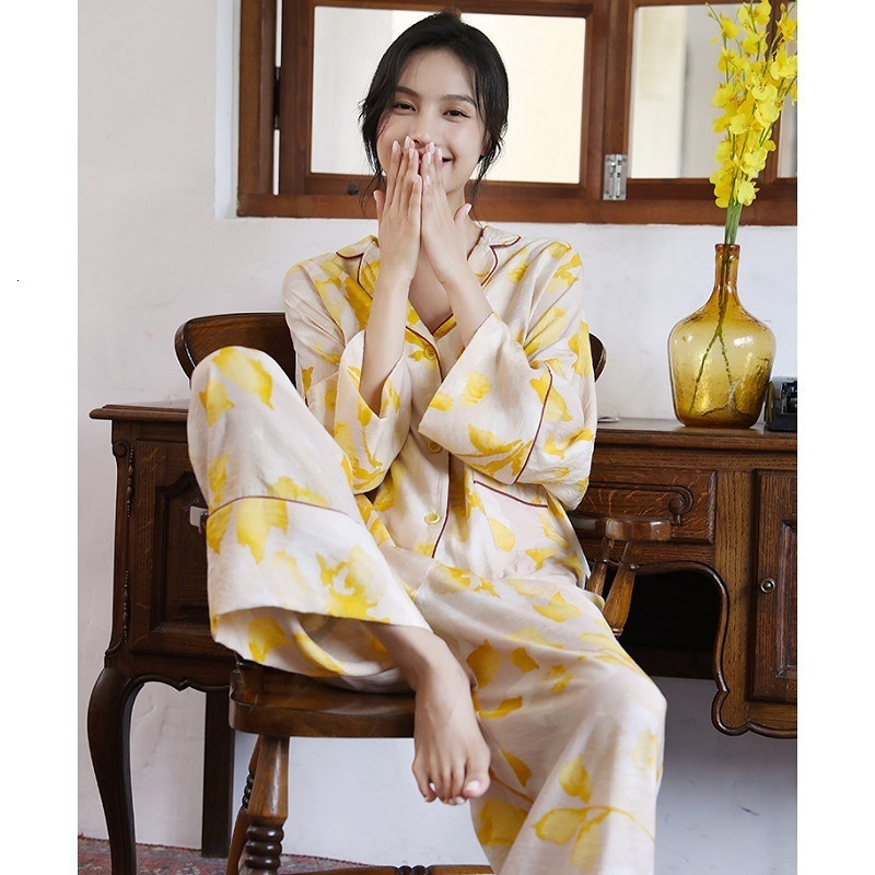Women's Sleepwear Spring Floral Printed Pajamas Set Loungewear Sleepwear Pijamas Women Long Sleeve Wide Leg Pyjama Set Woman 2 Pieces 230310