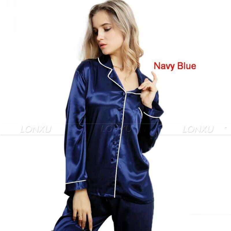 Women's Sleepwear Women Girl Lady Silk Satin Pajamas Set Long Sleeve Button-Down Sleepwear Pajamas Black Purple Red Blue 230310
