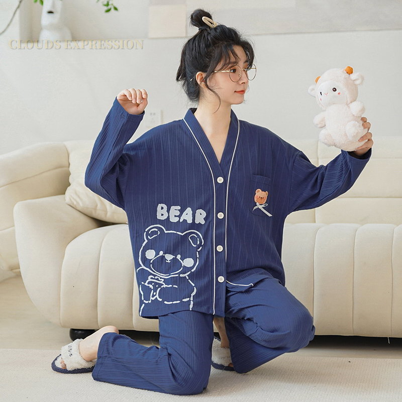Women's Sleepwear Spring Autumn Polyester Cartoon Print Pajama Sets Women Pyjamas Polka Dots Sleepwear Pijama Mujer Homewear Clothing Nightwear 2