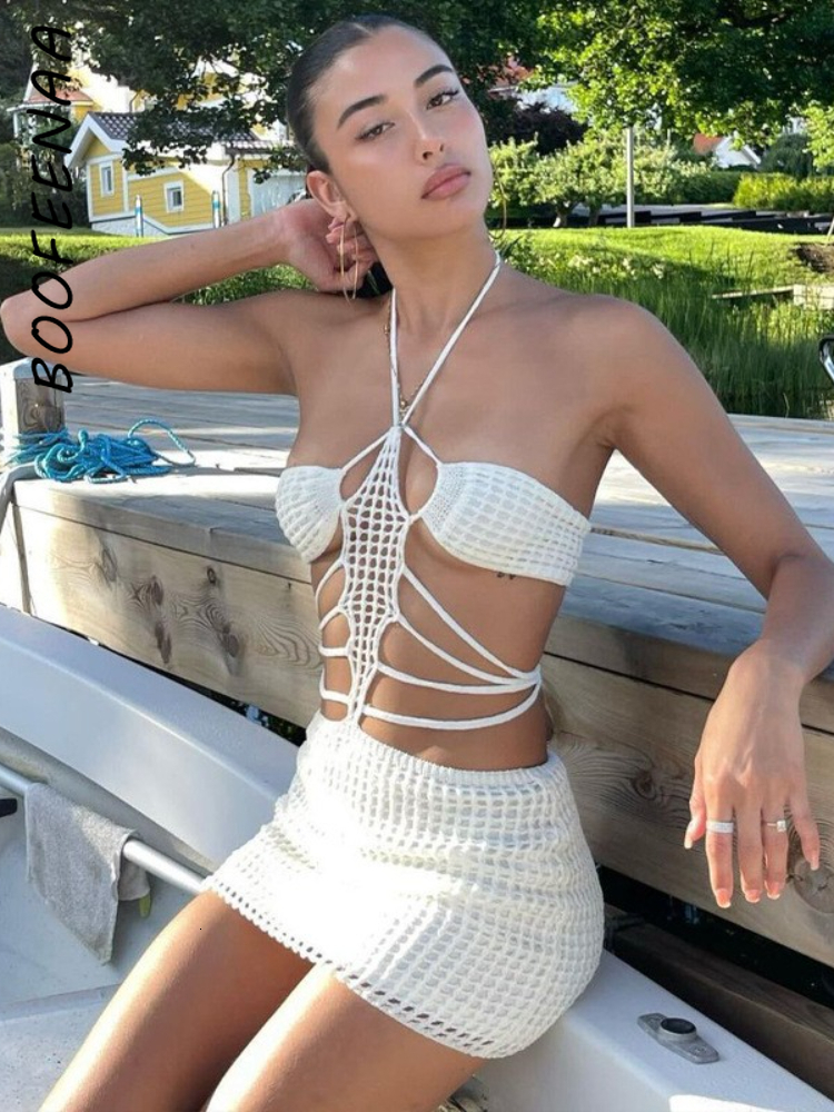 Casual Dresses BOOFEENAA Sexy Hollow Out Crochet Knitted Halter Mini Dress Beach Club Outfits Revealing Sheath Dresses for Women C16DZ14 230310