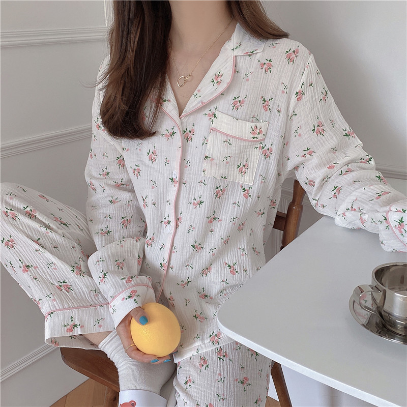Women's Sleepwear floral print gauze cotton pajama set women comfortable breath pants suit home clothes linen crepe nightwear pyjamas L937 230310